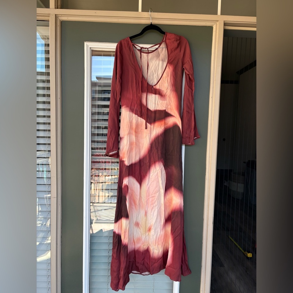 The WOLF GANG Leona Maxi Dress with flare sleeve and florals burgundy dress SZ S - Picture 11 of 16